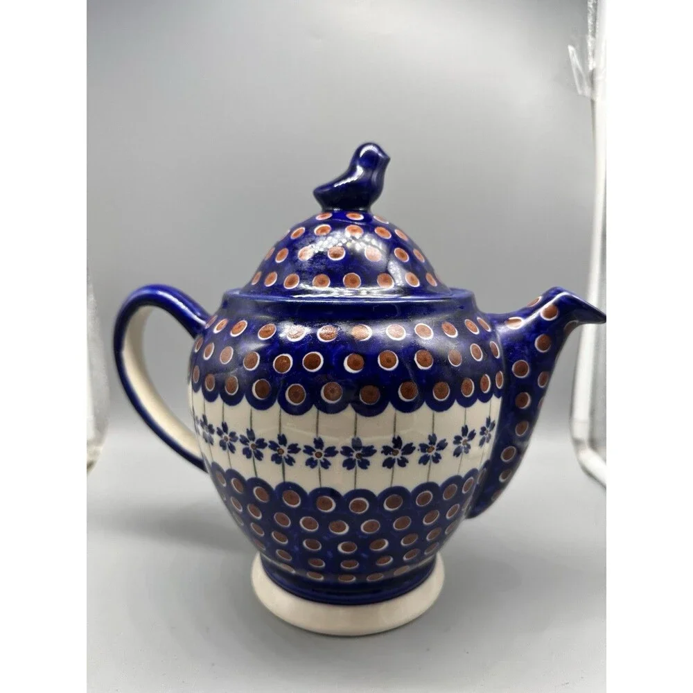 Boleslawiec Polish Pottery Teapot Red Peacock Eye Bird Finial Lid Large 9”
